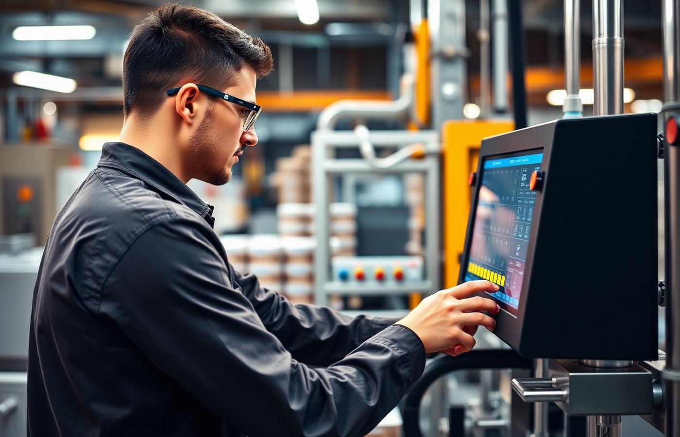 Anutech technician programming an HMI on a packaging line